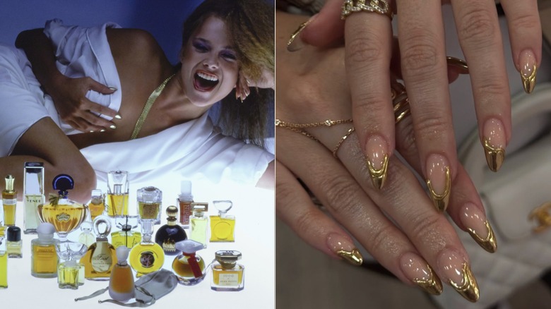 Imagen de la izquierda: una mujer posa en un anuncio de perfume de los años 70 con uñas doradas. Imagen de la derecha: una manicura moderna en cromo dorado.