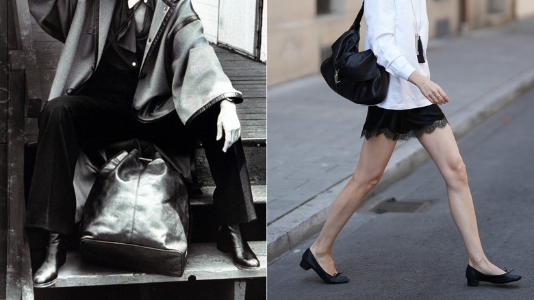 Imagen de la izquierda: una mujer sentada con zapatos de cuero. Imagen de la derecha: una mujer caminando con zapatos de cuero por la calle.