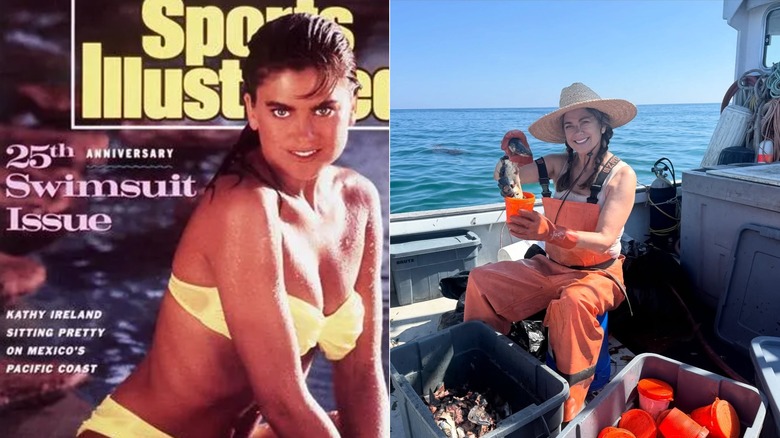 Kathy Ireland en traje de baño amarillo para la portada de la edición de Sports Illustrated de 1989 junto a una foto de 2026 de ella sentada en un barco en el océano con un mono mientras pescaba.