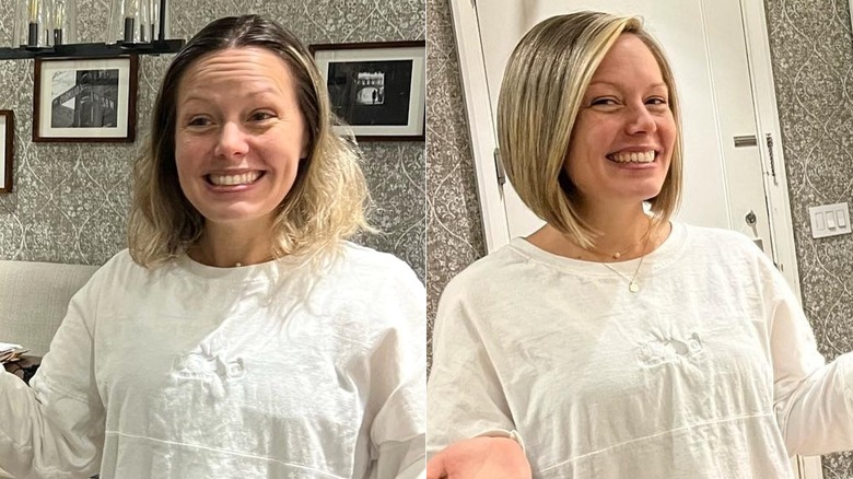 Al lado de Dylan Dreyer antes y después de un corte de pelo
