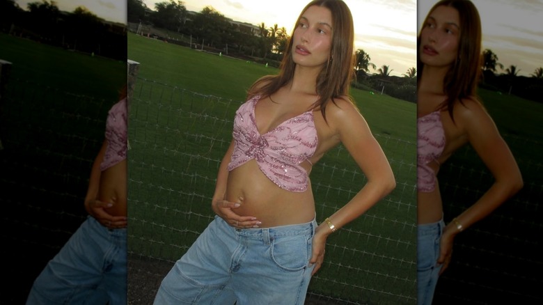 Hailey Bieber con un crop top rosa de mariposas