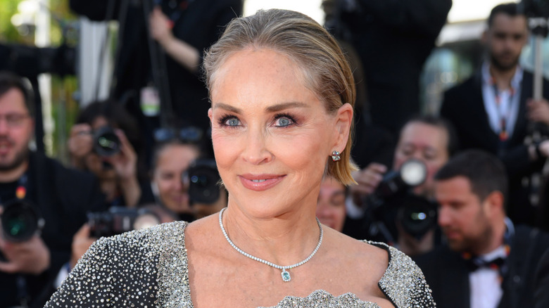 Sharon Stone posando en la alfombra roja con un vestido brillante con un collar de diamantes y el pelo peinado hacia atrás.