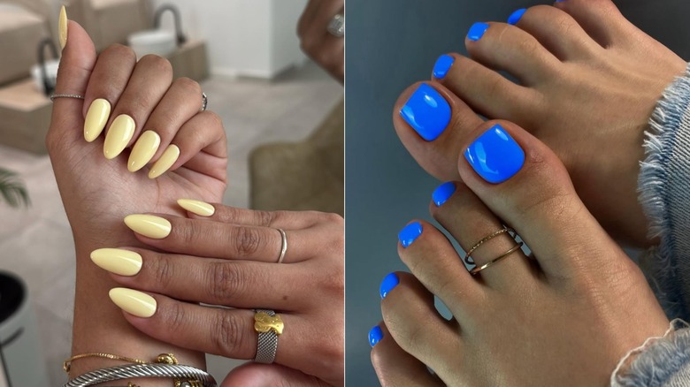 Izquierda: una manicura de color amarillo mantequilla. Derecha: una pedicura azul brillante.