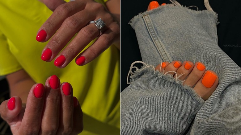 Izquierda: una manicura coral brillante. Derecha: una pedicura naranja.