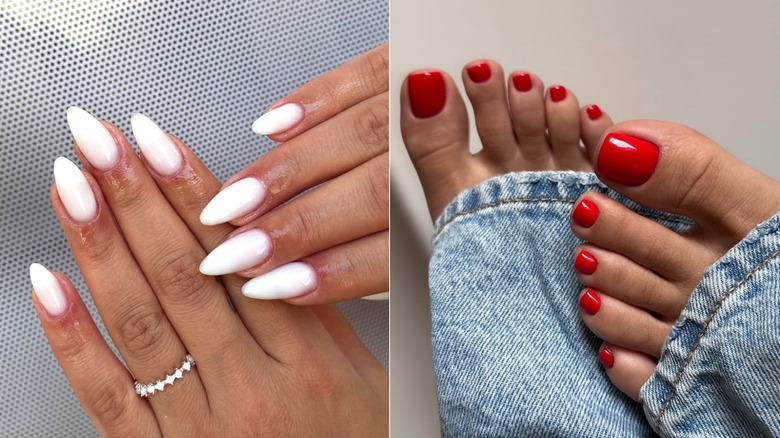 Izquierda: una manicura blanca. Derecha: una pedicura roja.