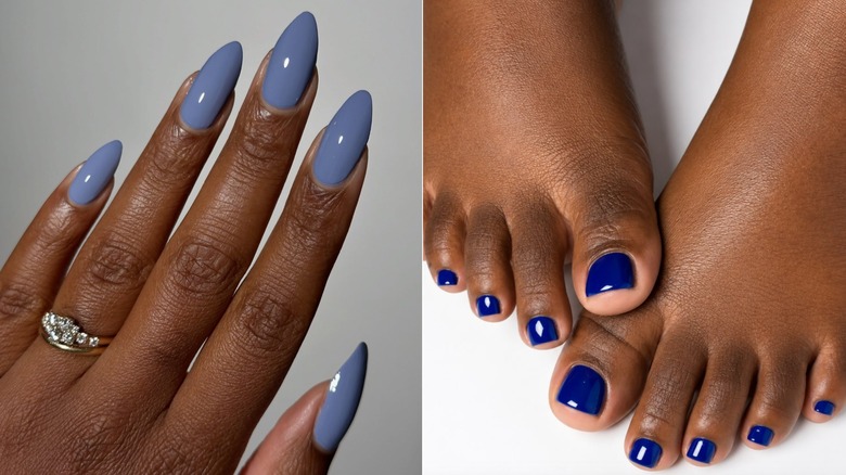 Izquierda: una manicura bígaro. Derecha: una pedicura azul oscuro.