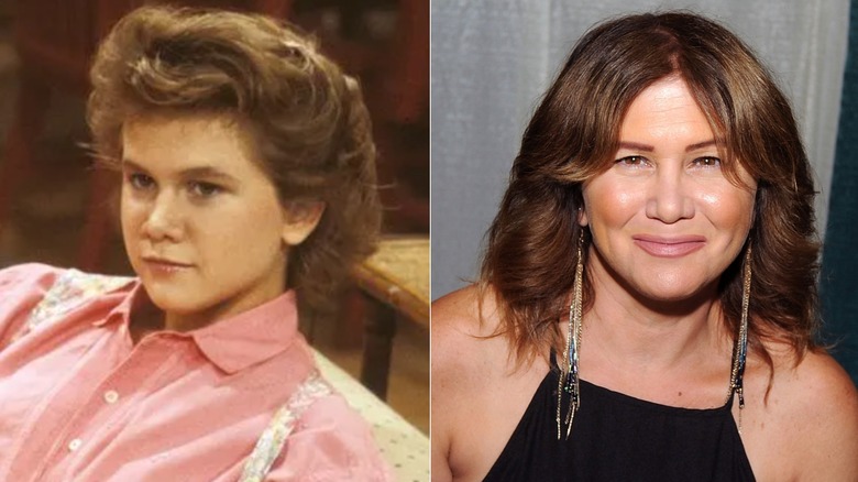 Fotos de lado a lado de Tracey Gold en Growing Pains (izquierda) y una alfombra roja en 2018 (derecha).