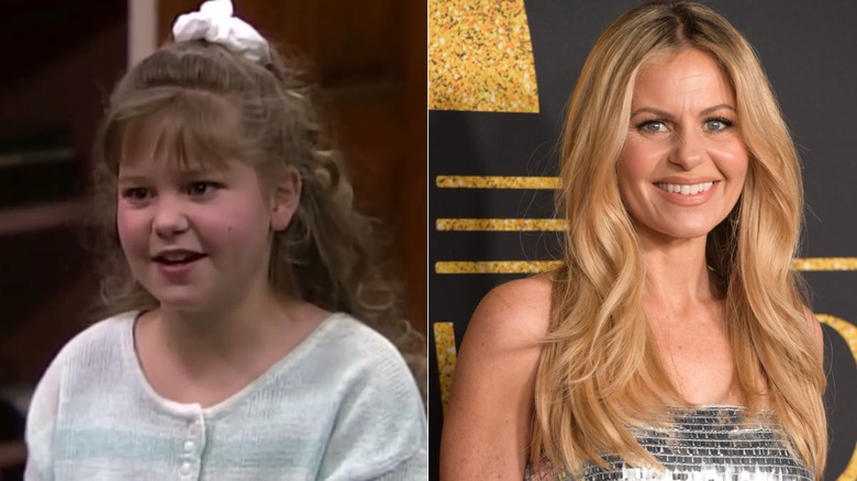 Fotos lado a lado de Candace Cameron Bure como DJ Tanner en 'Tres por tres' en 1987 (izquierda) y en la alfombra roja en 2025 (derecha).