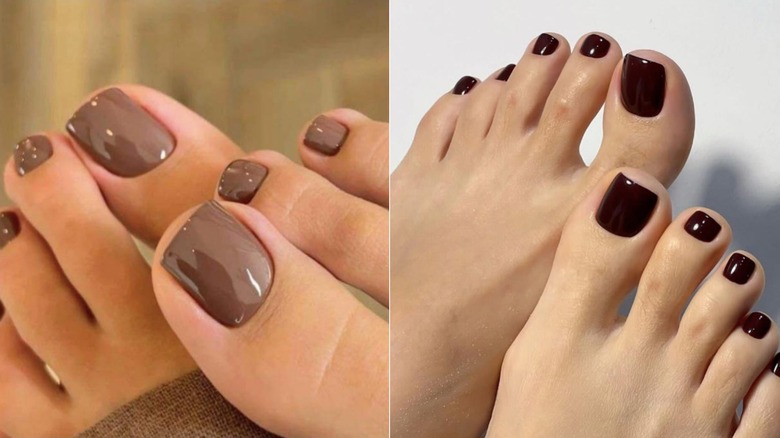 Pedicura con esmalte de uñas de color marrón chocolate con leche a la izquierda y pedicura con esmalte de uñas de color marrón chocolate oscuro a la derecha.