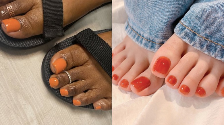 Persona que usa sandalias negras con esmalte de uñas de color naranja quemado a la izquierda y una persona que usa jeans con esmalte de uñas de color ámbar a la derecha.