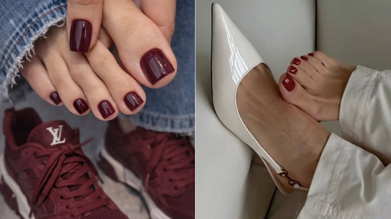 Primer plano de una persona que usa jeans con esmalte de uñas color burdeos a la izquierda y una persona con esmalte de uñas rojo vino y un zapato blanco a la derecha.
