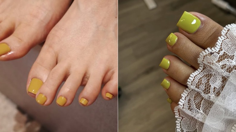 Primer plano de pies con esmalte de uñas de color amarillo mostaza a la izquierda, y un pie cubierto con encaje blanco y esmalte de uñas de color verde guisante
