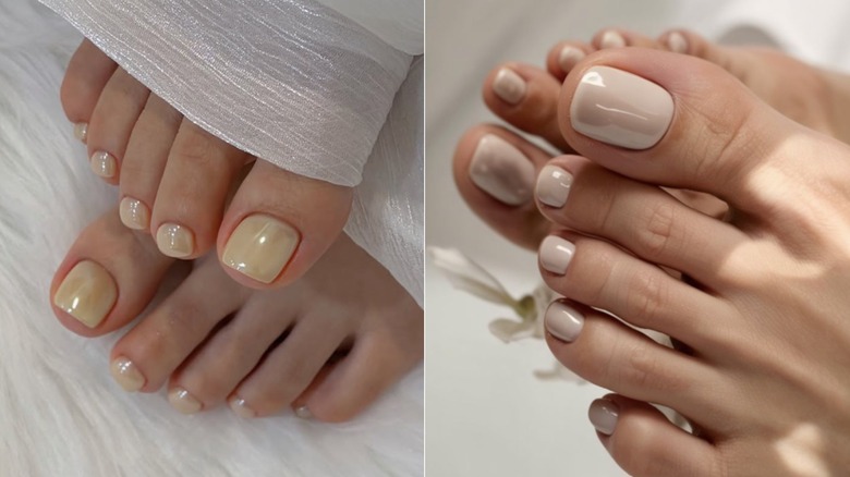 Toma de Cole de los pies de una persona con esmalte de uñas color canela nacarado a la izquierda y una pedicura con esmalte de uñas color canela claro a la derecha.