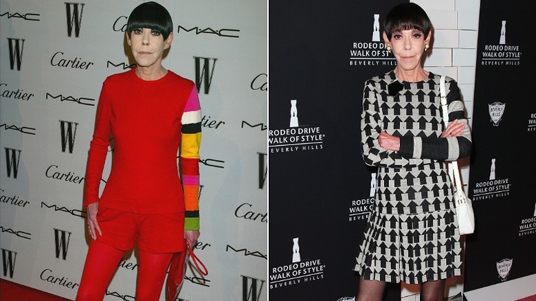 Peggy Moffitt con dos conjuntos de inspiración mod en la década de 2000