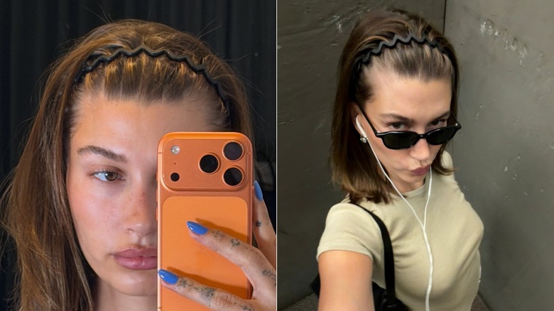 Fotos de lado a lado de Hailey Bieber con una diadema con forma de peine sosteniendo su teléfono a la izquierda y tomándose una selfie con los auriculares puestos a la derecha.