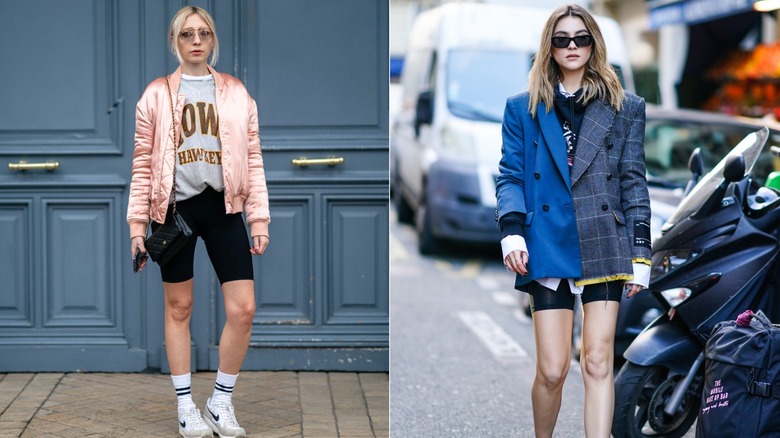 Emy Venturini con una sudadera, una chaqueta bomber satinada rosa y pantalones cortos de motociclista negros en París en marzo de 2021 / Stefanie Giesinger con una sudadera, una chaqueta con bloques de colores y pantalones cortos de motociclista negros durante la Semana de la Moda de París en enero de 2020