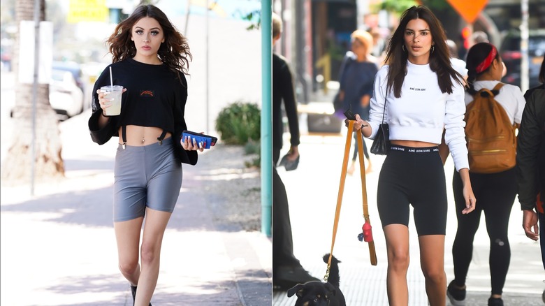Prymrr con una sudadera corta, tirantes y pantalones cortos de motociclista grises en Los Ángeles en junio de 2021/Emily Ratajkowski paseando a su perro en el Soho de la ciudad de Nueva York en junio de 2019