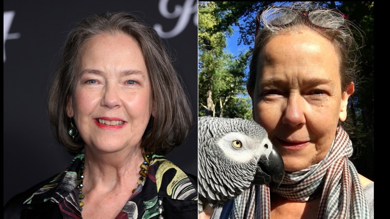 Izquierda: Harriet Sansom Harris en una alfombra roja en noviembre de 2024. Derecha: Harriet Sansom Harris sin maquillaje, con un loro en septiembre de 2021
