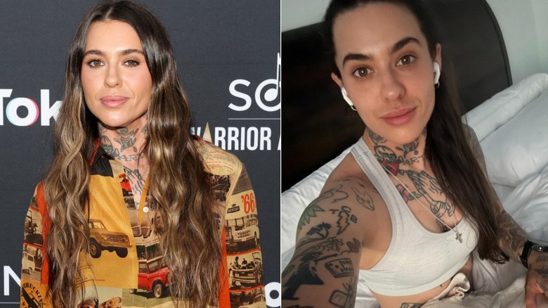 Izquierda: Morgan Wade posando en octubre de 2025. Derecha: Morgan Wade sin maquillaje en la cama con su perro en marzo de 2026.