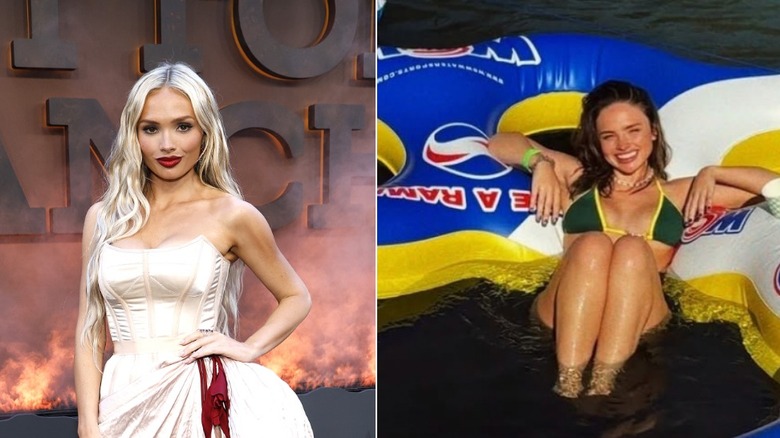 Izquierda: Natalie Alyn Lind posando en una alfombra roja en mayo de 2026. Derecha: Natalie Alyn Lind de vacaciones en junio de 2025