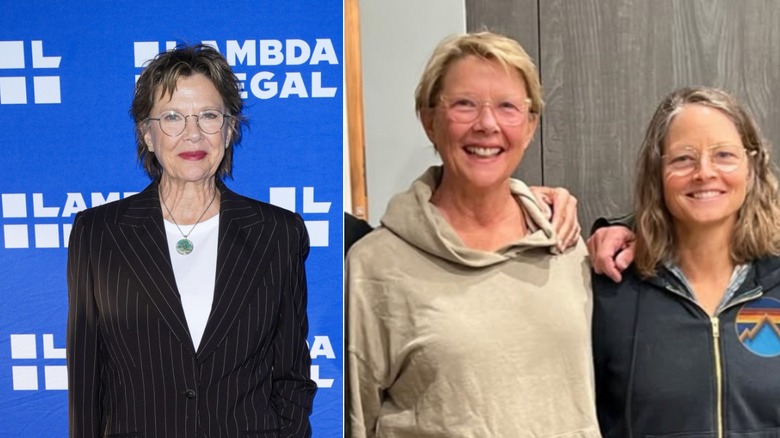 Izquierda: Annette Bening en una alfombra roja en junio de 2026. Derecha: Annette Bening en abril de 2022 con Jodie Foster