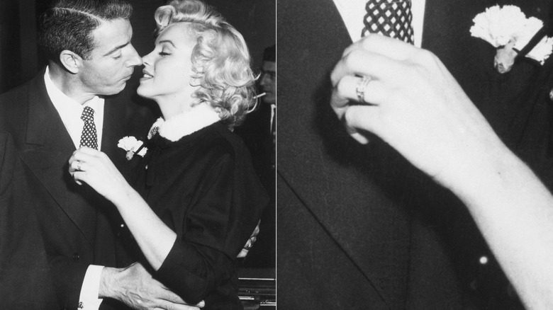 Izquierda: Marilyn Monroe y Joe DiMaggio el día de su boda. Derecha: un primer plano del anillo de compromiso de Monroe.