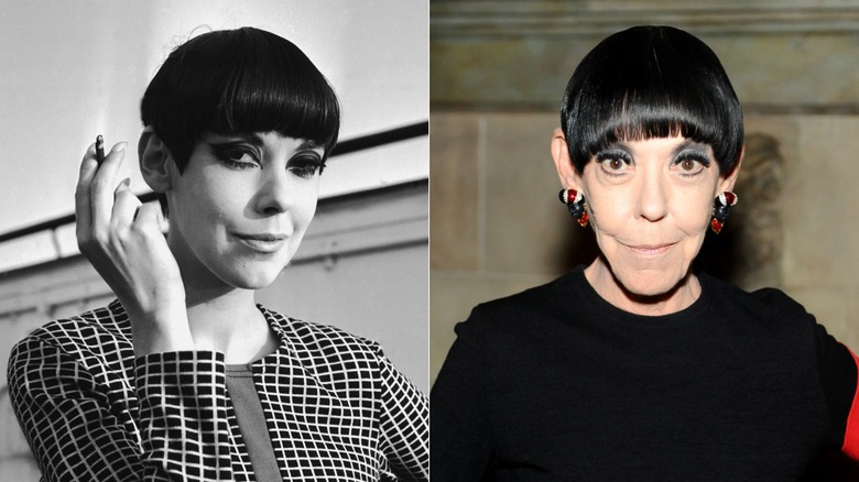 Una fotografía en blanco y negro de una joven Peggy Moffitt posando con un cigarrillo. Una Peggy Moffitt mayor posa con grandes pendientes.