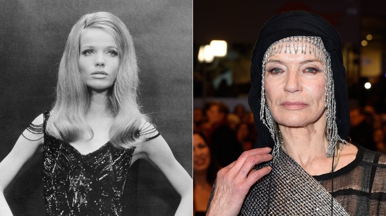 Una fotografía en blanco y negro de una joven Veruschka von Lehndorff posa con un vestido con incrustaciones. Una Veruschka von Lehndorff mayor posa con un tocado plateado.