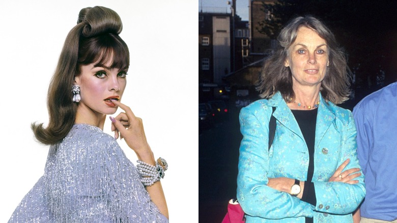 Una joven Jean Shrimpton se muerde el dedo con un cárdigan de lentejuelas. Un Jean Shrimpton mayor con una chaqueta azul.
