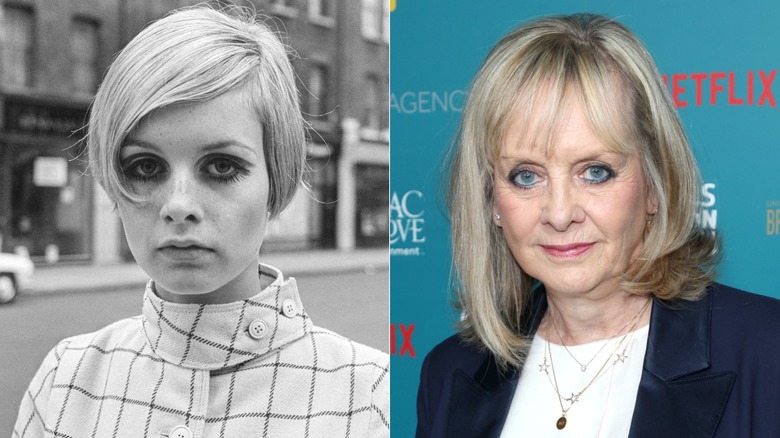 Una fotografía en blanco y negro de una joven Twiggy con un delineador de ojos llamativo. Una Twiggy mayor posando con delineador de ojos azul y una chaqueta azul marino.
