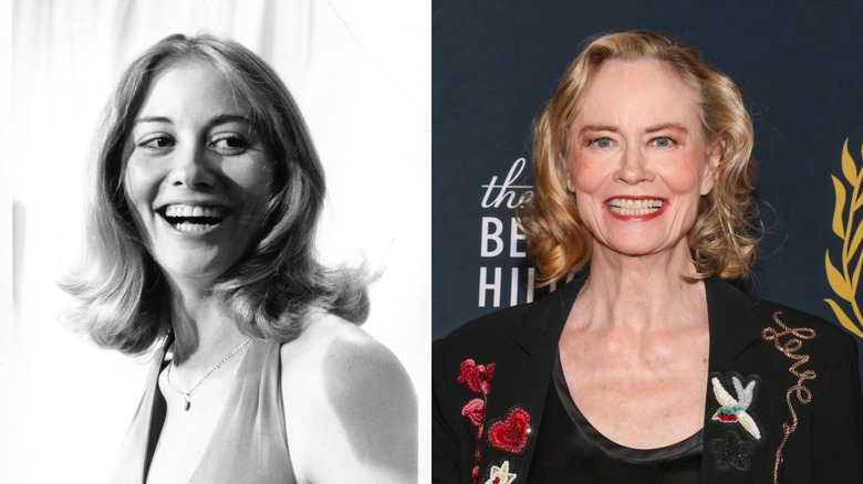 Una fotografía en blanco y negro de una joven Cybill Shephard sonriendo. Una Cybill Sherphard mayor sonriendo.