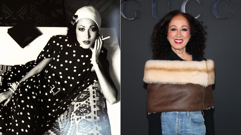 Una fotografía en blanco y negro de Pat Cleveland posando con un cigarrillo. Pat Cleveland sonríe con un bolero con ribete de piel.