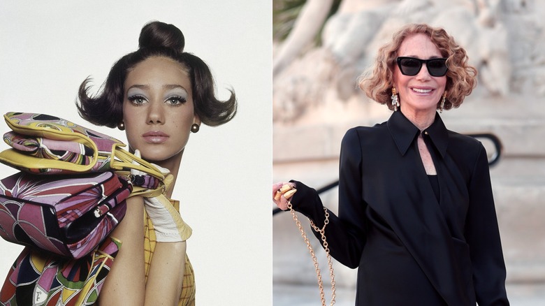 Una joven Marisa Berenson posa con sombra de ojos azul y un bob ondulado. Una Marisa Berenson mayor sonríe con grandes gafas de sol negras.