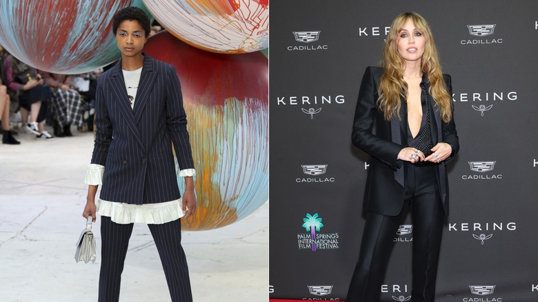 Izquierda: Una modelo de Ganni camina por la pasarela con un traje a rayas en la Semana de la Moda de Copenhague en agosto de 2016. Derecha: Miley Cyrus asiste a los premios de cine del Festival Internacional de Cine de Palm Springs con un traje y un top escotado en 2026.