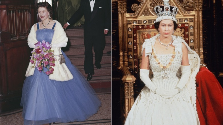 La reina Isabel II en la década de 1960 vistiendo un vestido formal con una estola de piel y sentada en el parlamento con sus insignias.
