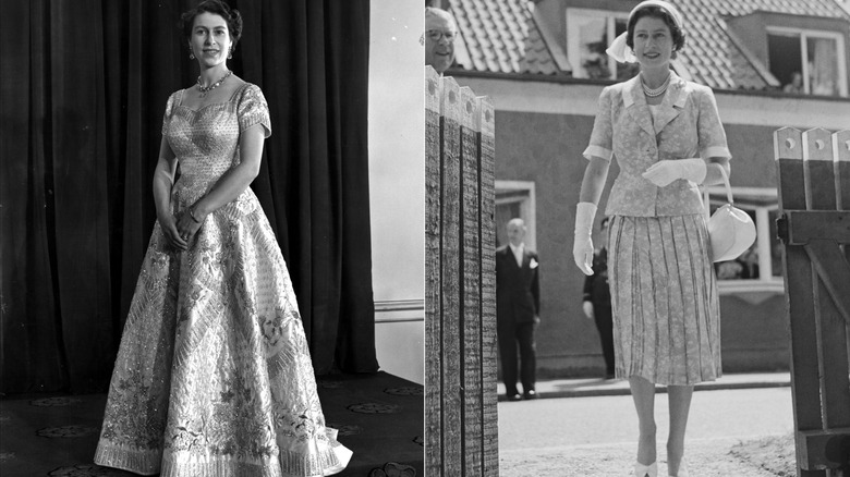 La reina Isabel II con su vestido de coronación y una falda de los años 50