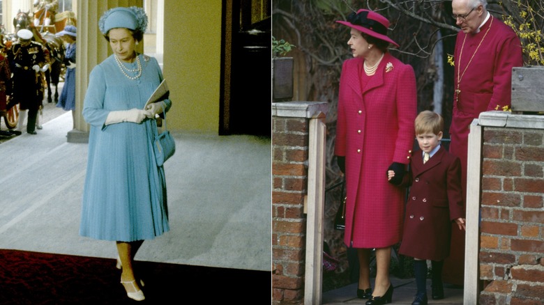 La reina Isabel II con un vestido azul y un abrigo rojo en los años 80