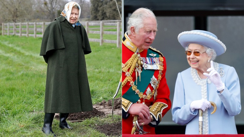 La reina Isabel II con una capa verde, un abrigo morado y un sombrero a juego en la década de 2020