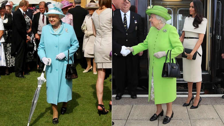 La reina Isabel II con un vestido de abrigo azul y un abrigo color lima en la década de 2010