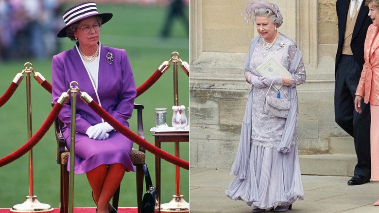 La reina Isabel II con chaqueta y falda moradas y un vestido lila en la década de 1990