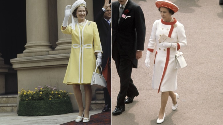 La reina Isabel II con un vestido amarillo y un abrigo blanco y rojo
