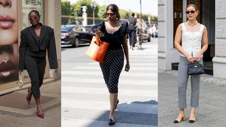 Fotos una al lado de la otra de tres mujeres vistiendo capris de diferentes estilos con carteras y gafas de sol.