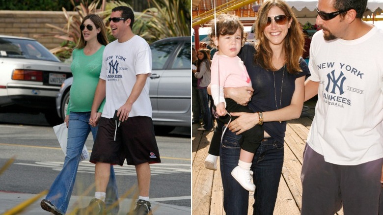 Jackie embarazada camina con su esposo Adam Sandler y la pareja con su hija Sadie