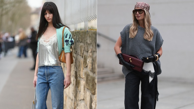 Una invitada durante la Semana de la Moda de París con una camisola de encaje y lentejuelas y un cárdigan verde menta a la izquierda, y Olga Liber con un chaleco de punto gris y una camisola con adornos de encaje a la derecha.