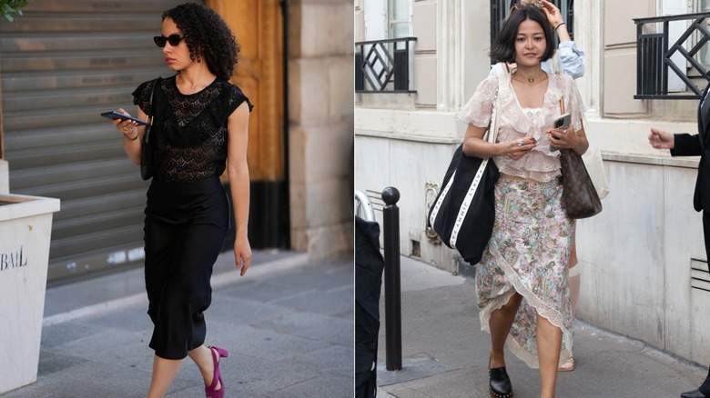 Una invitada durante la Semana de la Moda de París con una camisola negra y un top de encaje a la izquierda, y una invitada durante la Semana de la Moda de París con una camisola de encaje y una blusa transparente con volantes a la derecha.