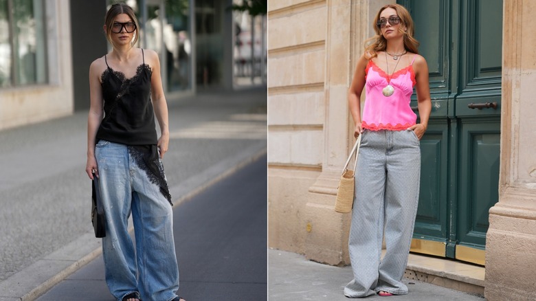 Sophia Geiss con una camisola de encaje negra y jeans holgados a la derecha, y Merve Gorgoz con una camisola de encaje rosa y naranja y jeans holgados a la derecha.