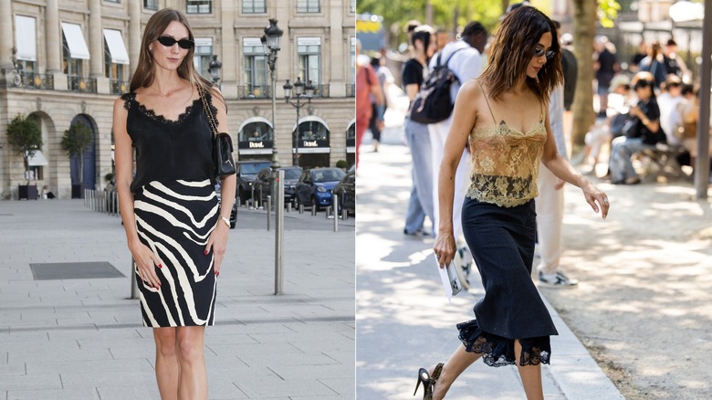 Karlie Kloss con una camisola de encaje negro y una falda lápiz estampada a la izquierda, y Christine Centenera con una camisola de encaje dorado y una falda a rayas durante la Semana de la Moda de París a la derecha.