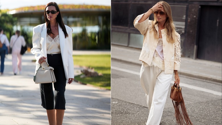 Invitada a la Semana de la Moda de Copenhague con una chaqueta blanca y camisola de encaje color marfil a la izquierda, y Olivia Anna-Catharina con una chaqueta bordada y camisola de encaje durante la Semana de la Moda de Copenhague a la derecha.