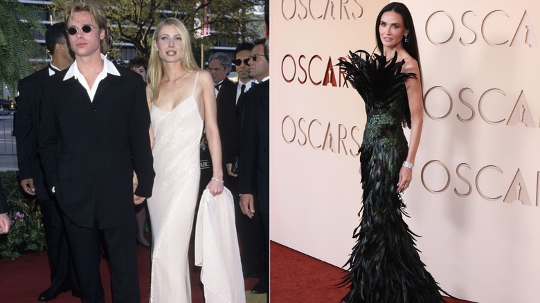 (Izq.) Brad Pitt y Gwyneth Paltrow en los Premios de la Academia de 1996 (R) Demi Moore en los Premios de la Academia de 2026