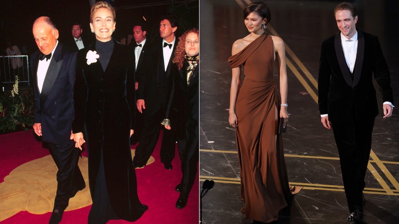 (Izq.) Sharon Stone en los Premios de la Academia de 1996 (R) Zendaya y Robert Pattinson en los Premios de la Academia de 2026